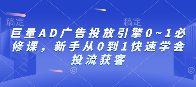 巨量AD广告投放引擎0~1必修课，新手从0到1快速学会投流获客-资源教程须哥