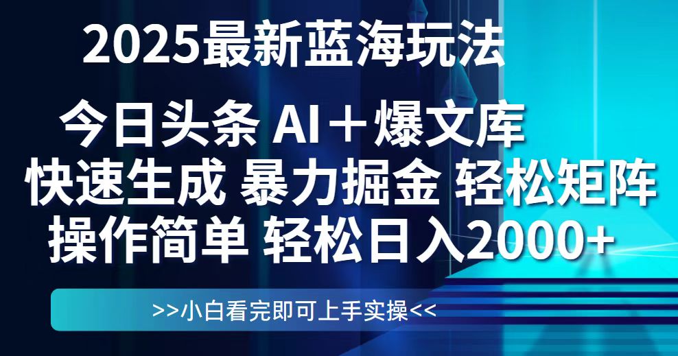 今日头条2025最新蓝海玩法，思路简单，复制粘贴，轻松实现矩阵日入2000+-资源教程须哥