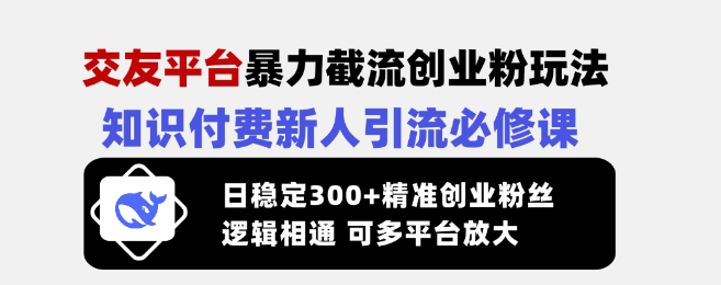 交友平台暴力截流创业粉玩法，知识付费新人引流必修课，日稳定300+精准创业粉丝，逻辑相通可多平台放大-资源教程须哥