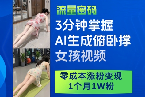 3分钟掌握AI生成俯卧撑女孩视频，零成本涨粉变现，1个月1W粉-资源教程须哥