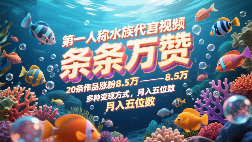 第一人称水族代言视频，条条万赞，20条作品涨粉8.5万，多种变现方式月，入五位数-资源教程须哥