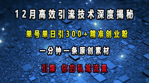 最新高效引流技术深度揭秘 ，单号单日引300+精准创业粉，一分钟一条原创素材，引爆你的私域流量-资源教程须哥