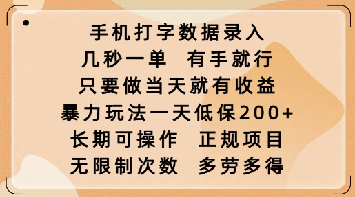 手机打字数据录入，几秒一单，有手就行，只要做当天就有收益，暴力玩法一天低保2张-资源教程须哥