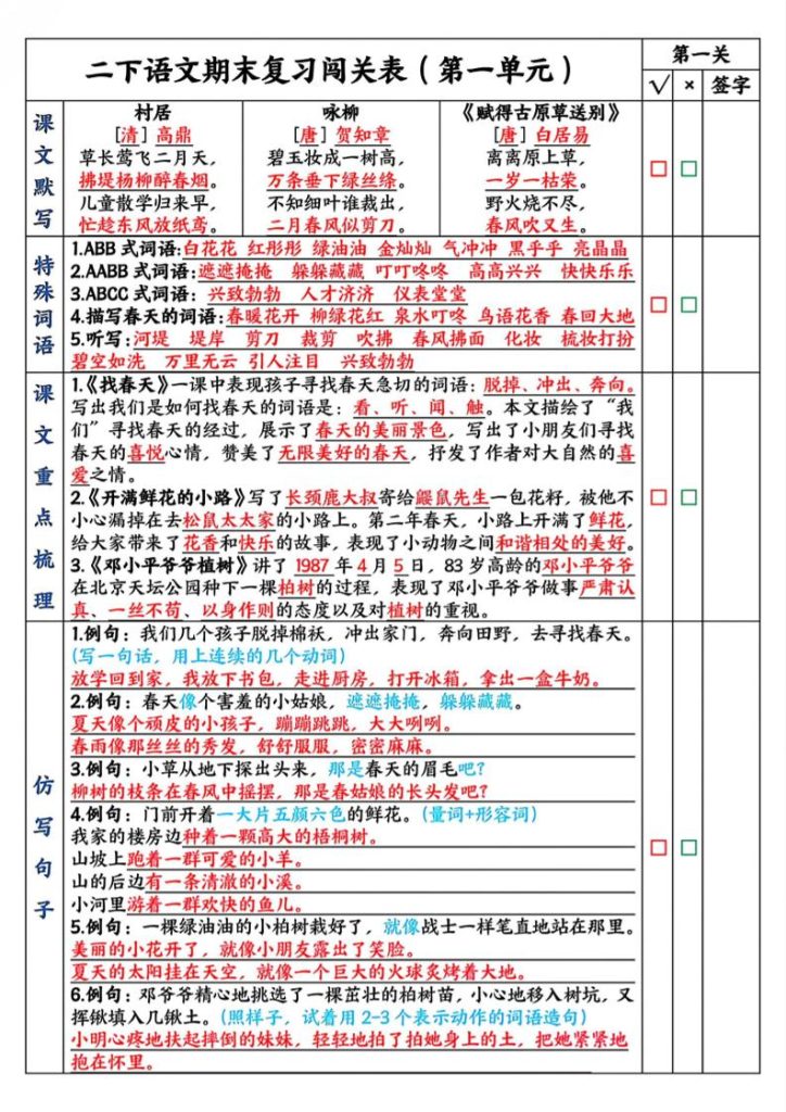 二下语文期末复习1-8单元闯关表（8页）-资源教程须哥