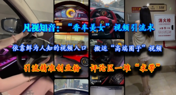 凡视知音:“香车美女”视频引流术,依靠鲜为人知的视频入口,搬运“高端圈子”视频,引流精准创业粉,评论区一堆“求带”-资源教程须哥