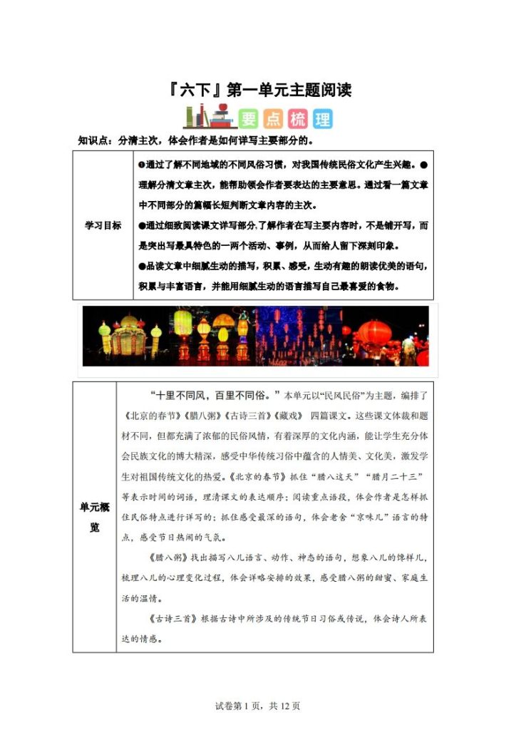 【主题阅读】统编版语文六年级下册第一单元“民风民俗”（主题阅读）-资源教程须哥