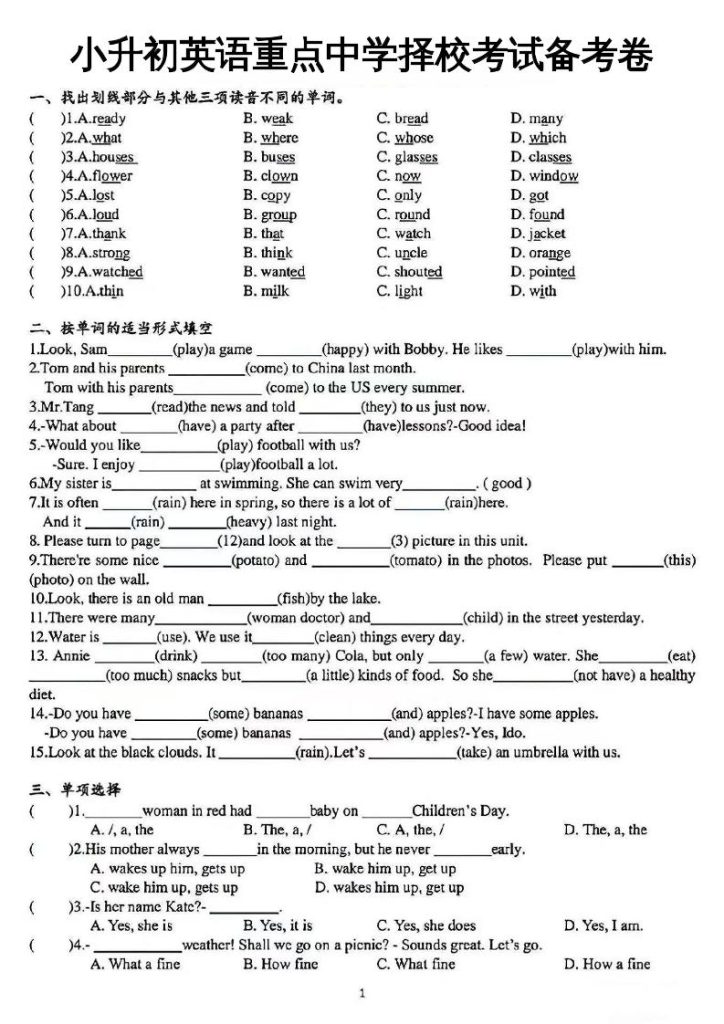 小升初英语【重点中学择校考试备考卷】-资源教程须哥