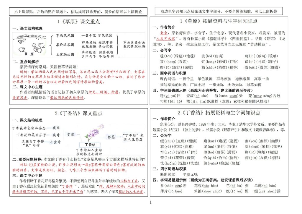 六年级语文上册-暑假预习课课贴-资源教程须哥