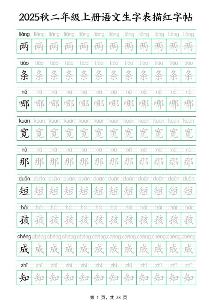 25秋新二上语文生字表生字拼音描红字帖（251字28页）-资源教程须哥