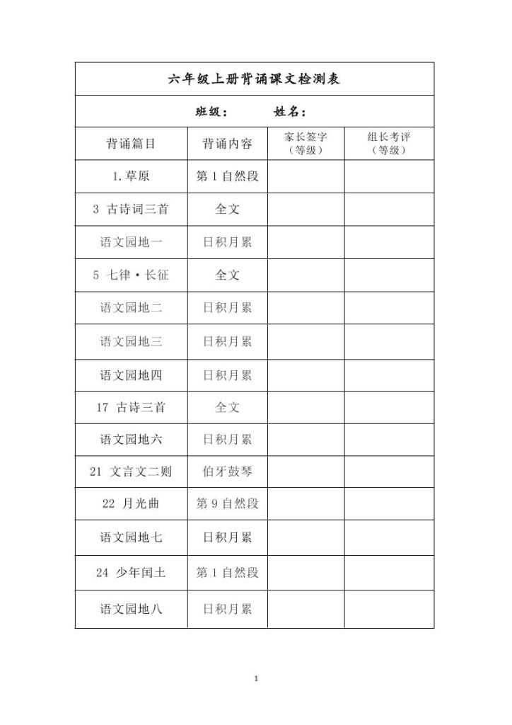 六年级上册背诵课文检测表及内容-语文-资源教程须哥