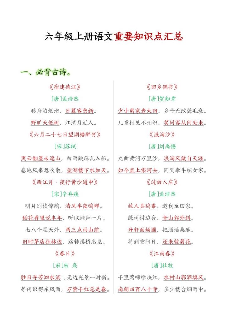 六年级语文上册全册重点知识点汇总-资源教程须哥