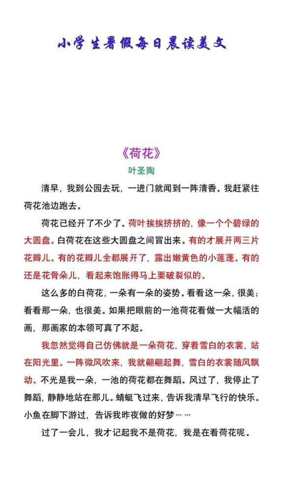 小学生暑假每日晨读美文：叶圣陶《荷花》-小升初语文-资源教程须哥