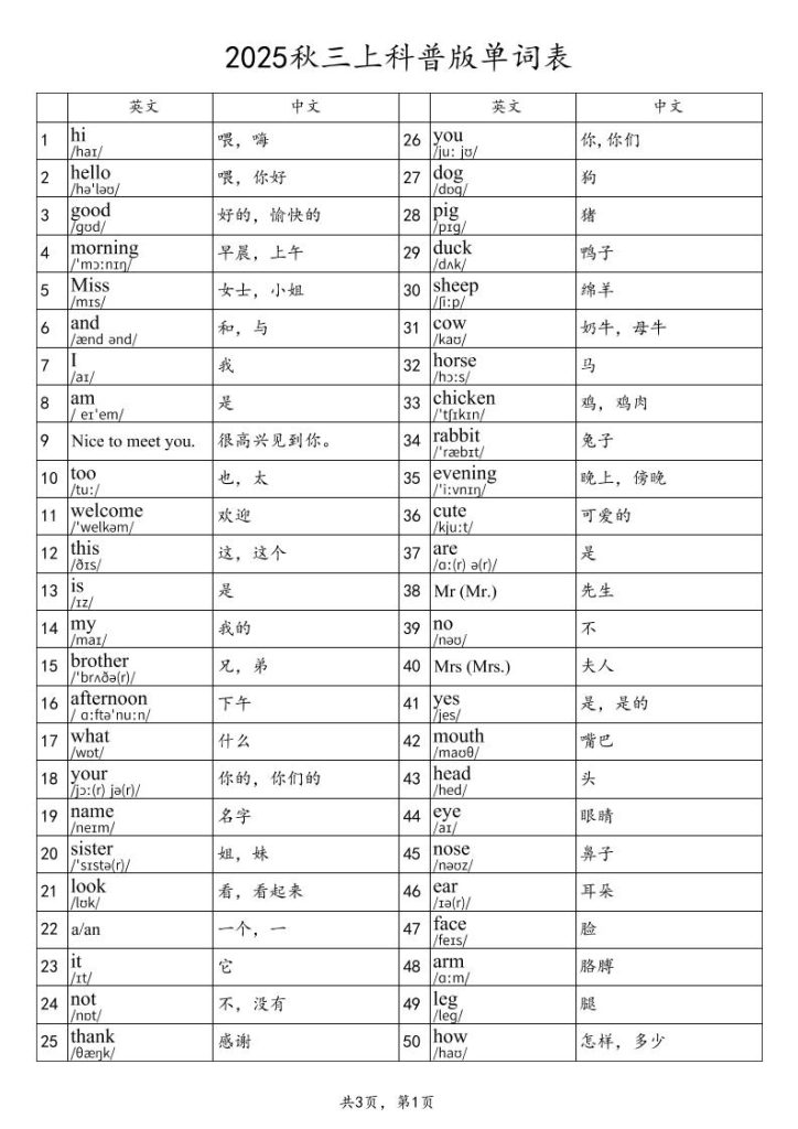 2025秋三上英语科普版单词表-资源教程须哥