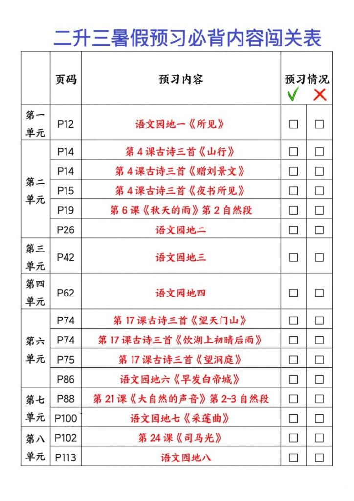 2025秋二升三暑假预习闯关表三上语文-资源教程须哥