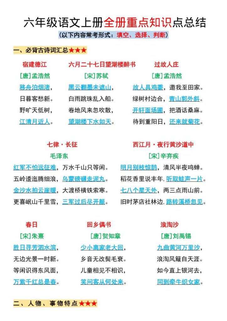 六年级上册语文全册重点知识点总结-资源教程须哥