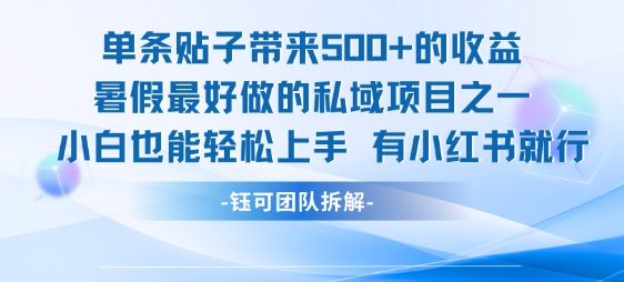单条贴子带来5张的收益，暑假最好做的私域项目之一，小白也能轻松上手，有小红书就行-资源教程须哥