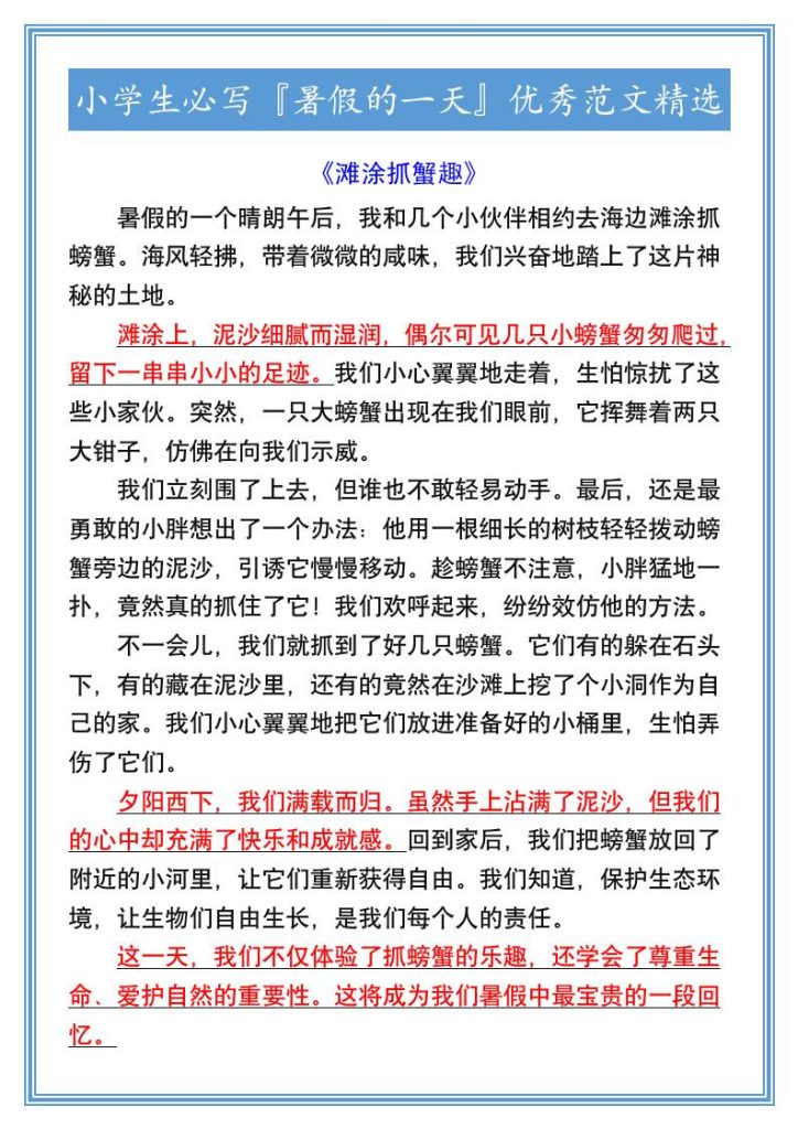 小学生必写『暑假的一天』优秀范文精选-小升初语文-资源教程须哥