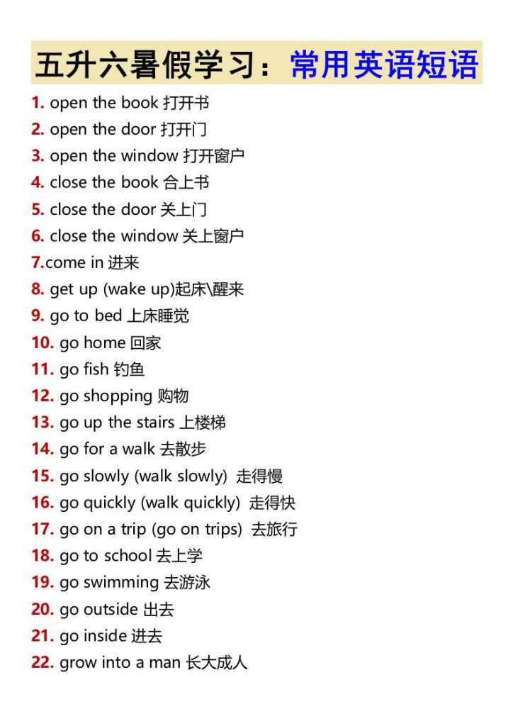 五升六暑假学习：常用英语短语-六上英语-资源教程须哥