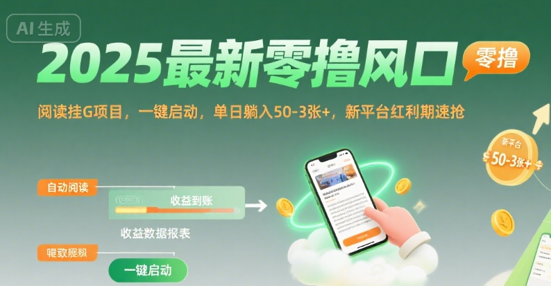 2025最新零撸风口，阅读挂G项目，一键启动，单日躺入 50-3张+，新平台红利期速抢【揭秘】-资源教程须哥