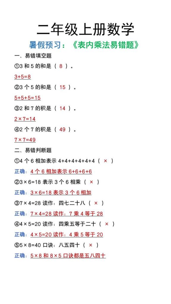 二年级上册数学暑假预习《表内乘法易错题》-资源教程须哥