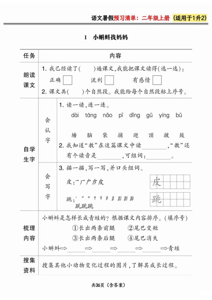 一升二小学语文《暑假预习清单》最新版-二上语文-资源教程须哥
