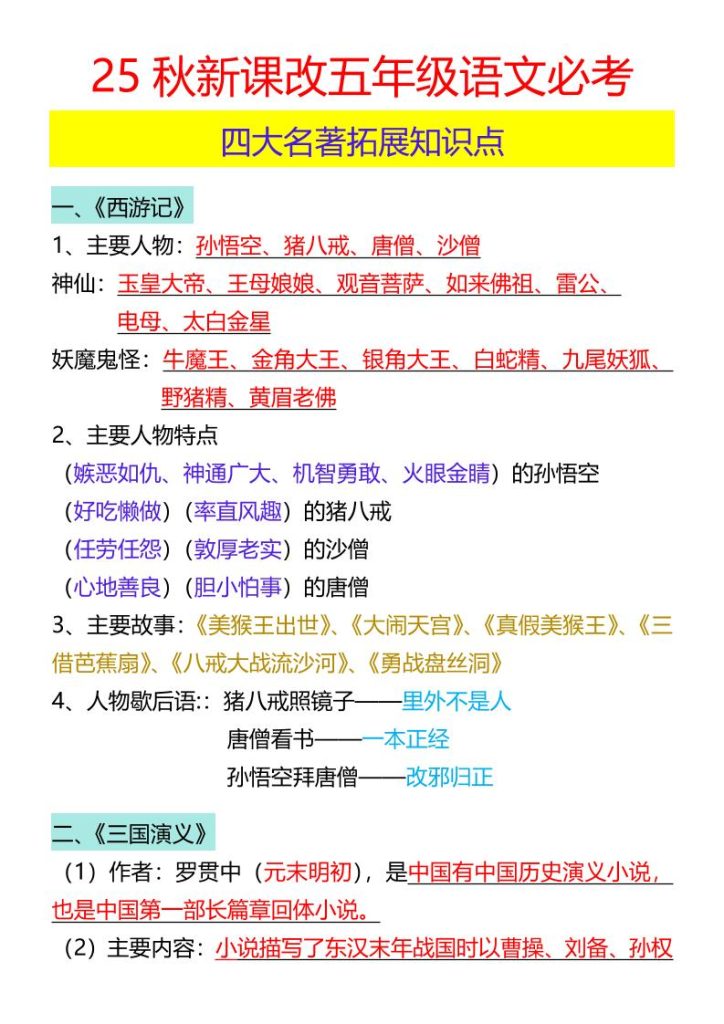 【2025秋新版】五年级语文必考四大名著拓展知识点-五上语文-资源教程须哥