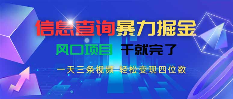 信息查询暴力掘金，一天三条视频 轻松变现四位数，风口项目干就完了-资源教程须哥