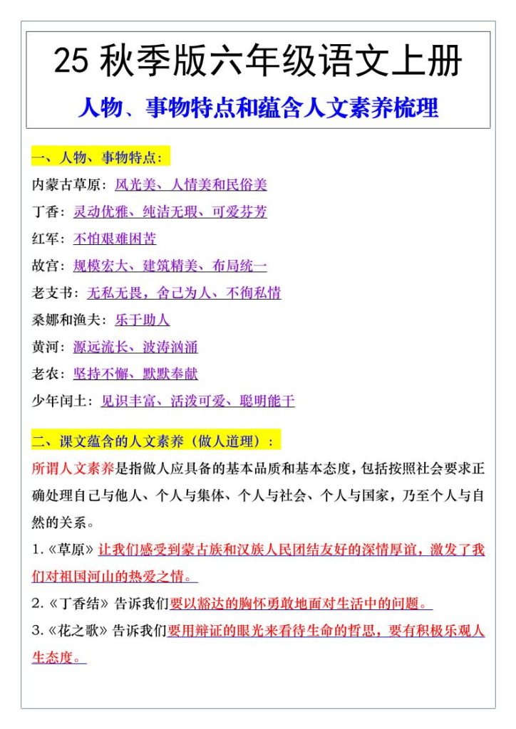【2025秋新版】六年级语文上册人物、事物特点和蕴含人文素养梳理-资源教程须哥