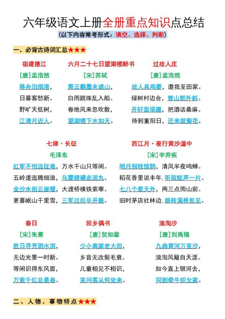 六年级语文上册全册重点知识点总结-资源教程须哥