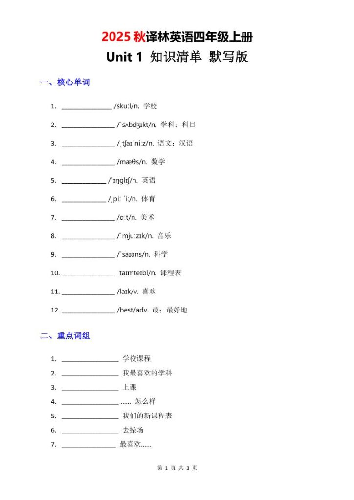 2025秋译林英语四上Unit1知识清单-默写版-资源教程须哥