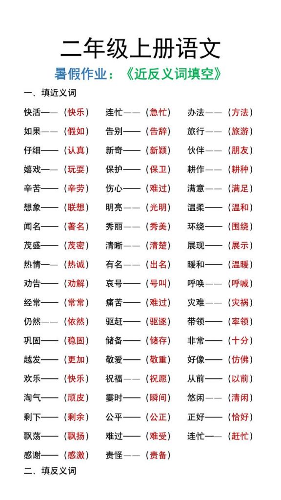 二年级上册语文暑假作文《近义词反义词填空》-资源教程须哥