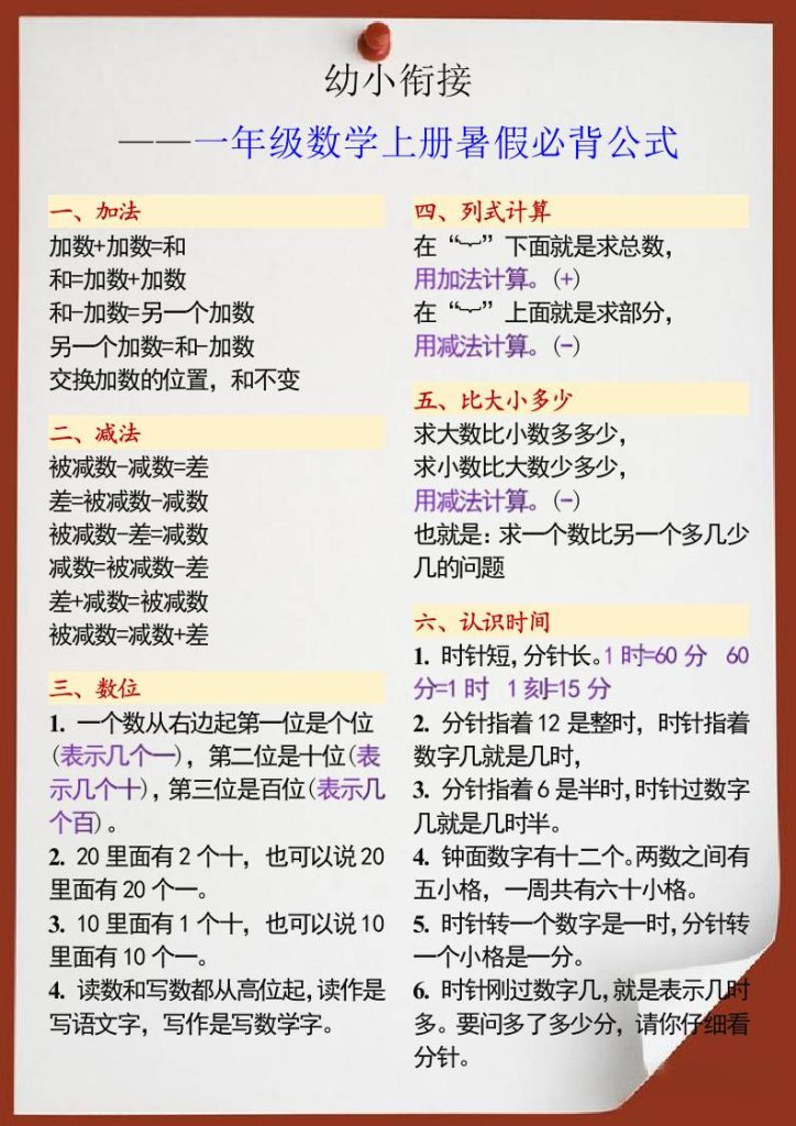 幼小衔接一年级数学上册暑假必背公式-资源教程须哥