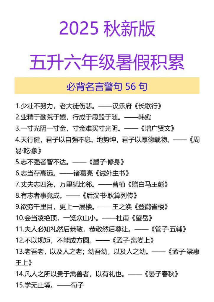 【2025秋新版】五升六年级暑假积累必背名言警句56句-六上语文-资源教程须哥