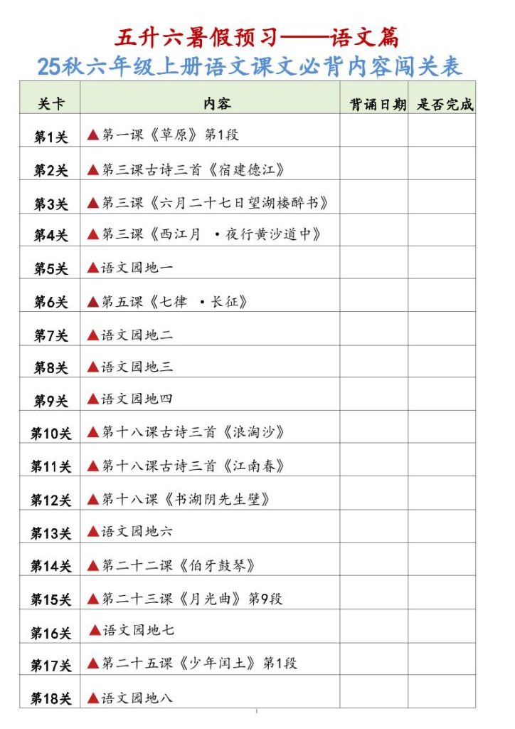 25秋六上语文课文必背内容背诵闯关表7页-资源教程须哥