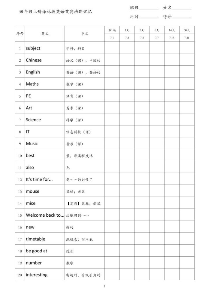 四年级上册译林版英语艾宾浩斯记忆-资源教程须哥