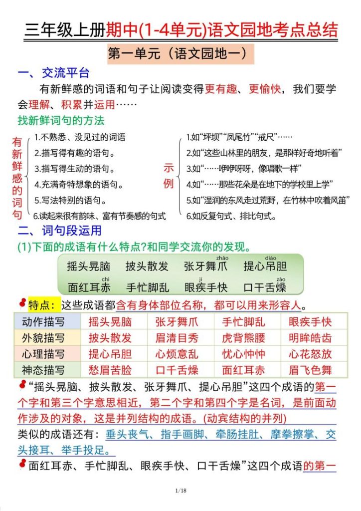 三年级上册期中(1-4单元)语文园地考点总结纯图版-资源教程须哥