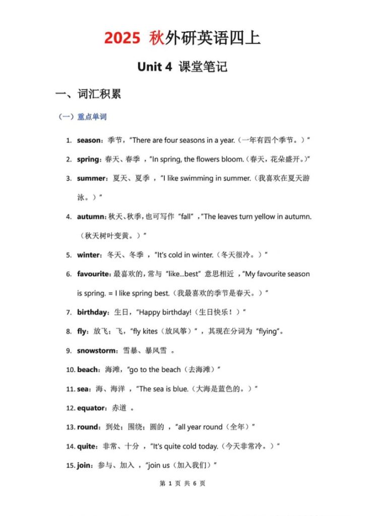 2025秋外研英语四上课堂笔记Unit_4-资源教程须哥