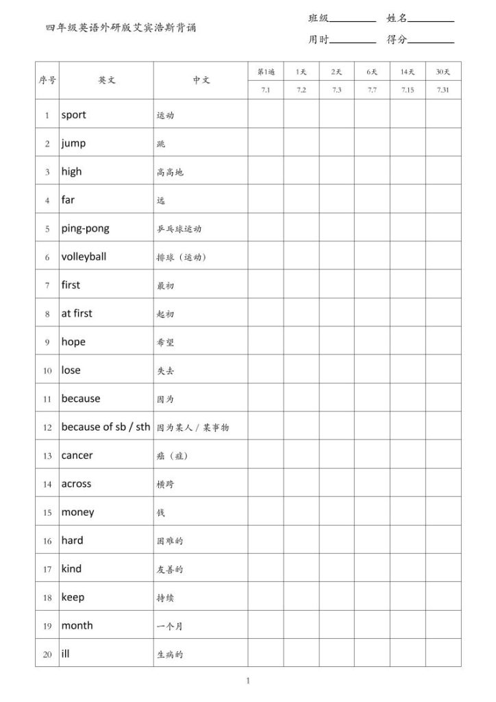 四年级英语外研版艾宾浩斯背诵-四上英语-资源教程须哥