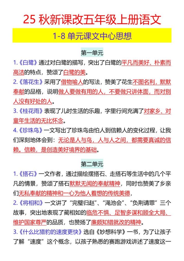 【2025秋新版】五年级上册语文1-8单元课文中心思想-资源教程须哥