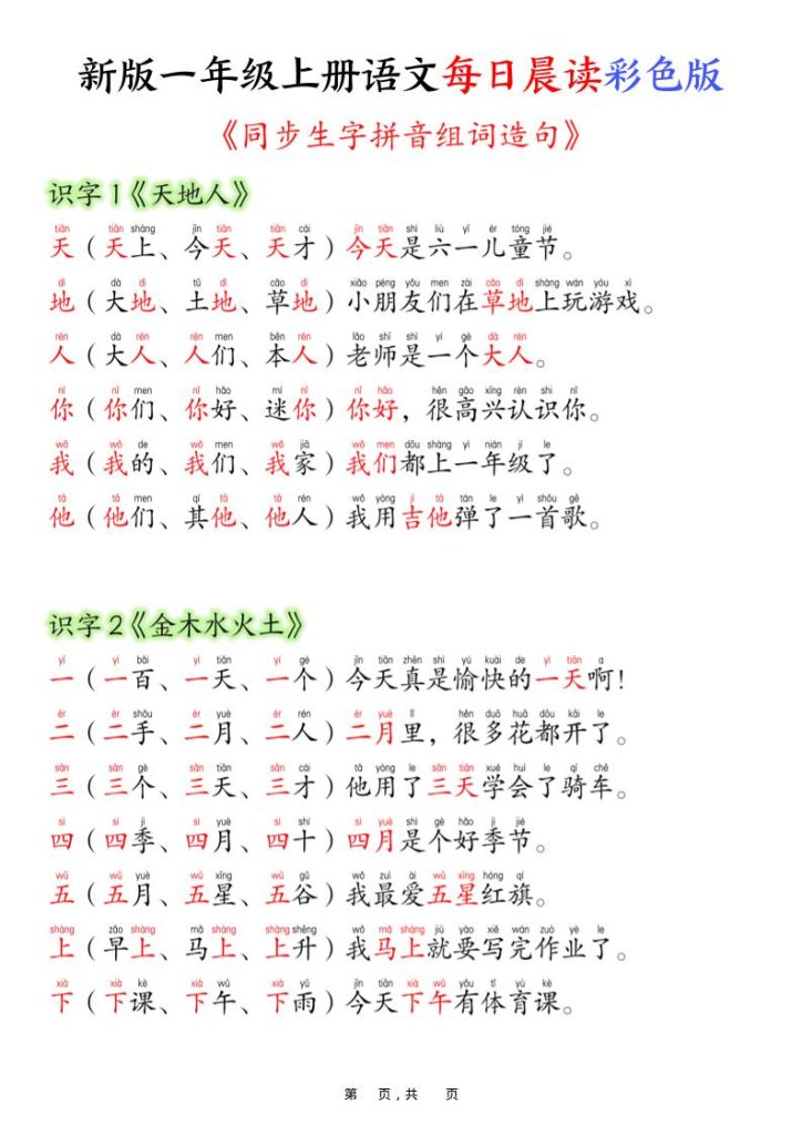 新版一年级上册语文每日晨读彩色版（生字拼音组词造句）19页-资源教程须哥