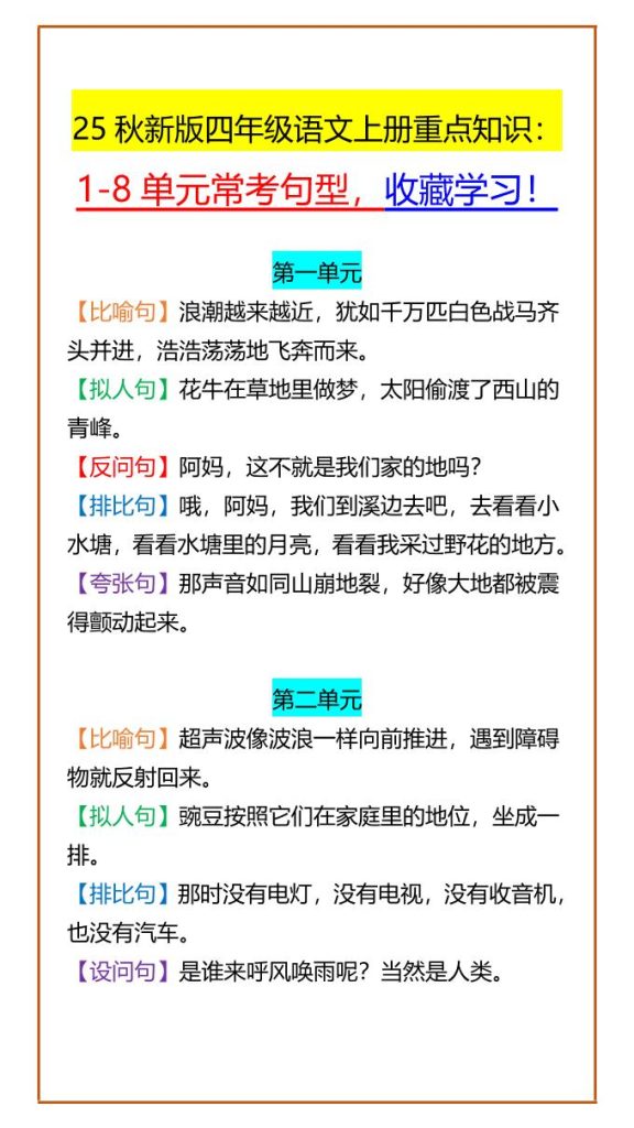 【2025秋新版】四年级语文上册重点知识：1-8单元常考句型，收藏学习！-资源教程须哥
