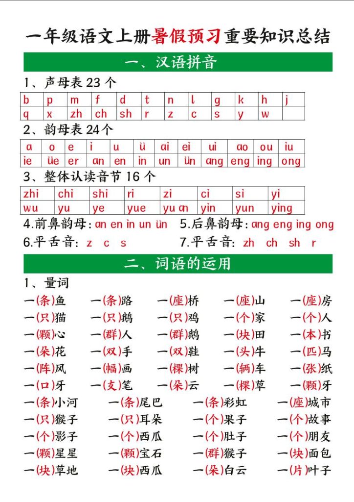 一上语文【暑假预习重要知识总结】-资源教程须哥