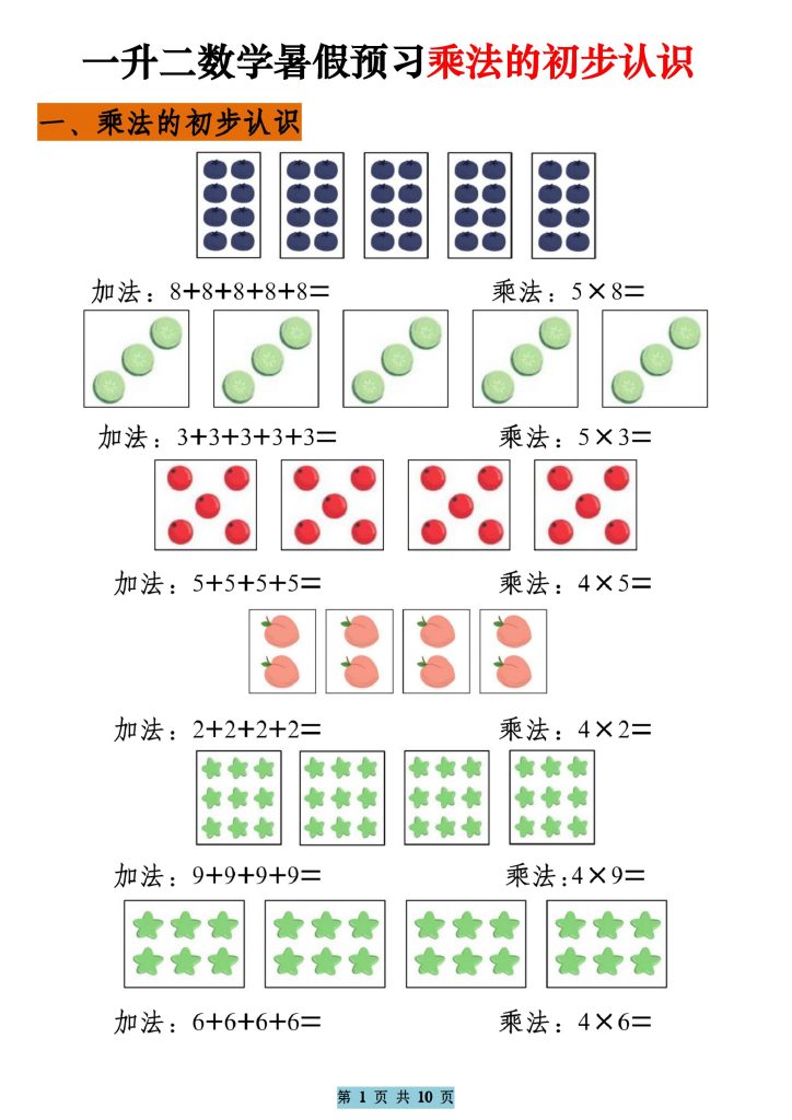 一升二数学暑假预习乘法的初步认识（10页乘法启蒙）二上-资源教程须哥