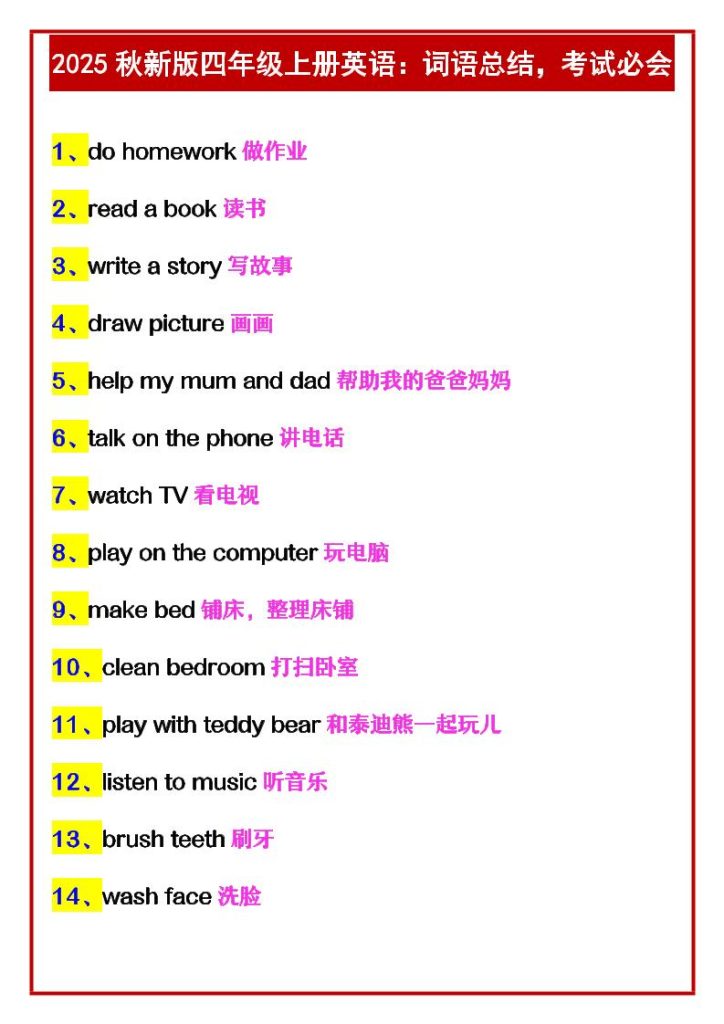 【2025秋新版】四年级上册英语：词语总结，考试必会-资源教程须哥