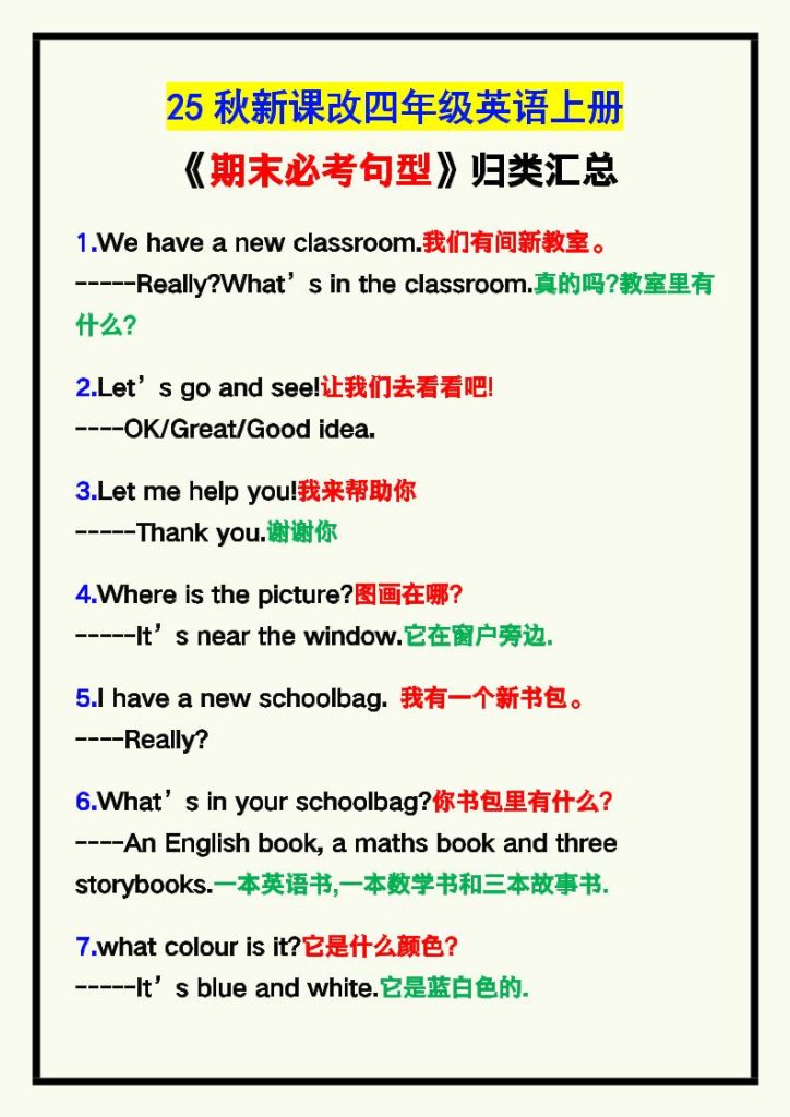 【2025秋新版】四年级英语上册《期末必考句型》归类！-资源教程须哥