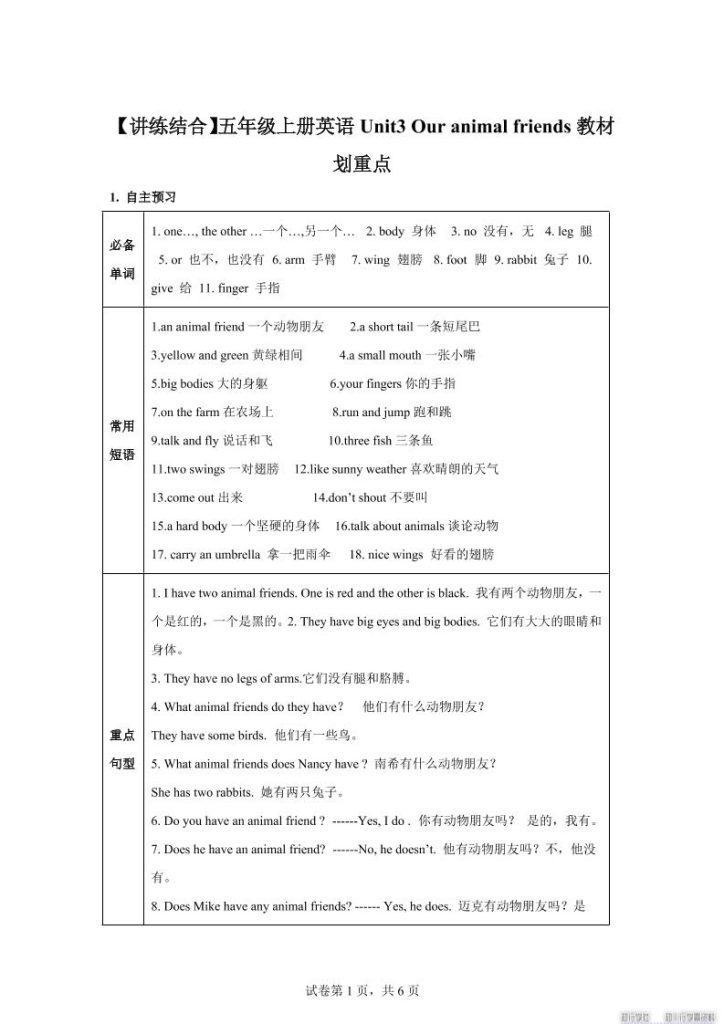 【单元热点难点】译林版（三起）英语五年级上册Unit3Ouranimalfriends教材划重点-资源教程须哥