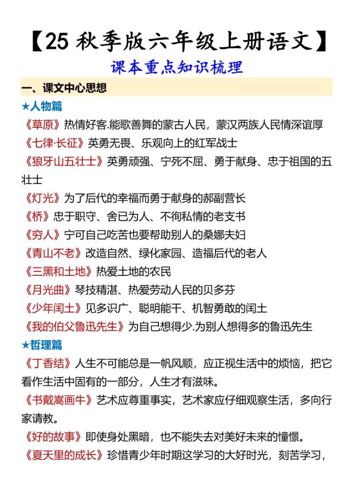 【2025秋新版】【六年级上册语文】课本重点知识梳理-资源教程须哥