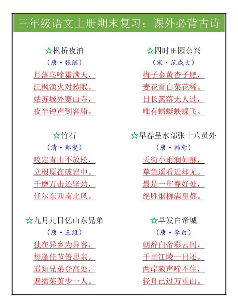 【2025秋新版】三年级语文上册期末复习：课外必背古诗-资源教程须哥