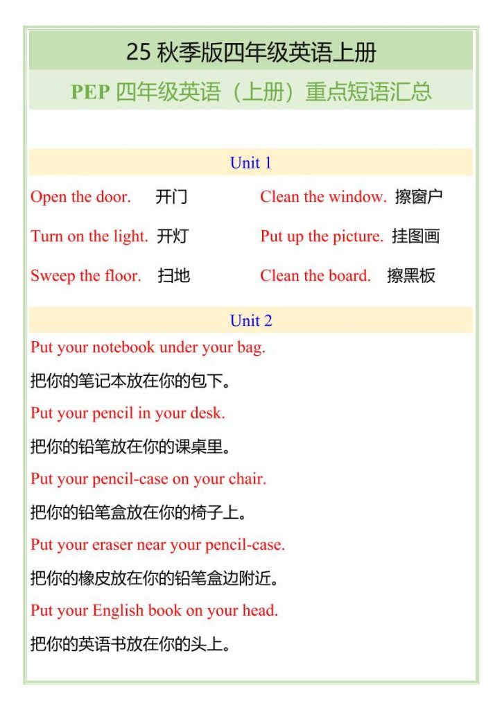 【2025秋新版】四年级英语上册重点短语汇总-资源教程须哥