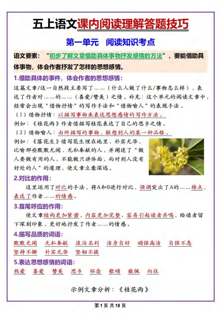 五年级上册语文课内阅读理解答题技巧-资源教程须哥